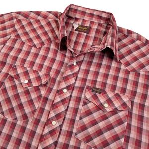 VINTAGE Wrangler Western Shirt Mens XL Red White Plaid Pearl Snap USA 80s Thin‎